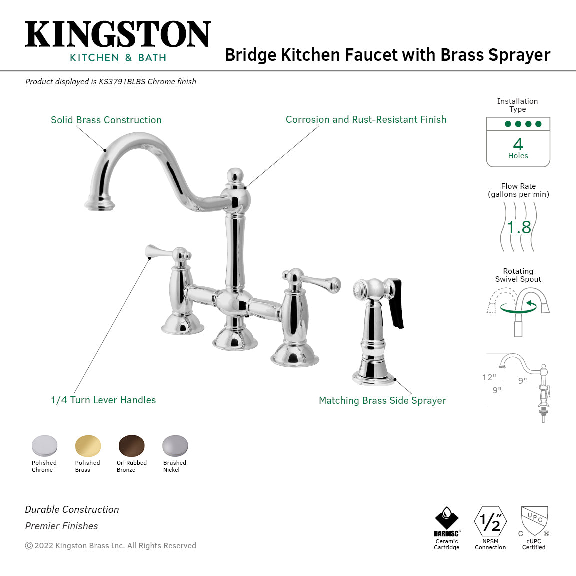 Kingston Heirloom KS3791BLBS - Restoration Two-Handle 4-Hole Deck Mount Bridge Kitchen Faucet with Brass Sprayer, Polished Chrome — thumbnail 3